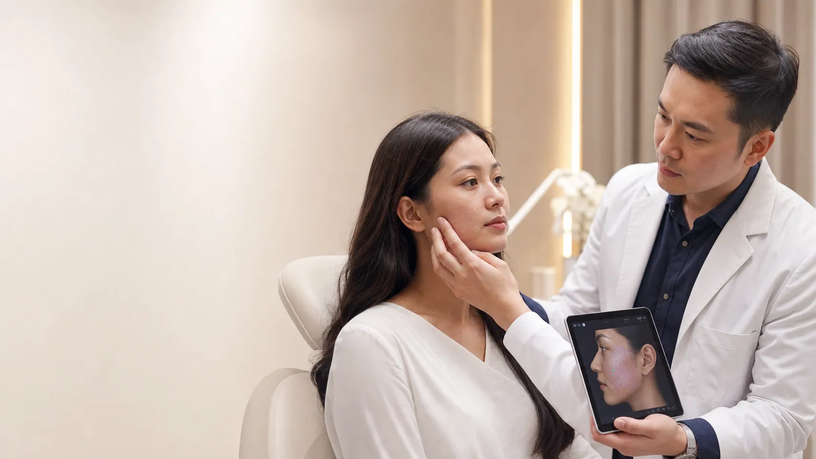 Doctor mapping acne scars before acne scar removal treatment in Johor Bahru