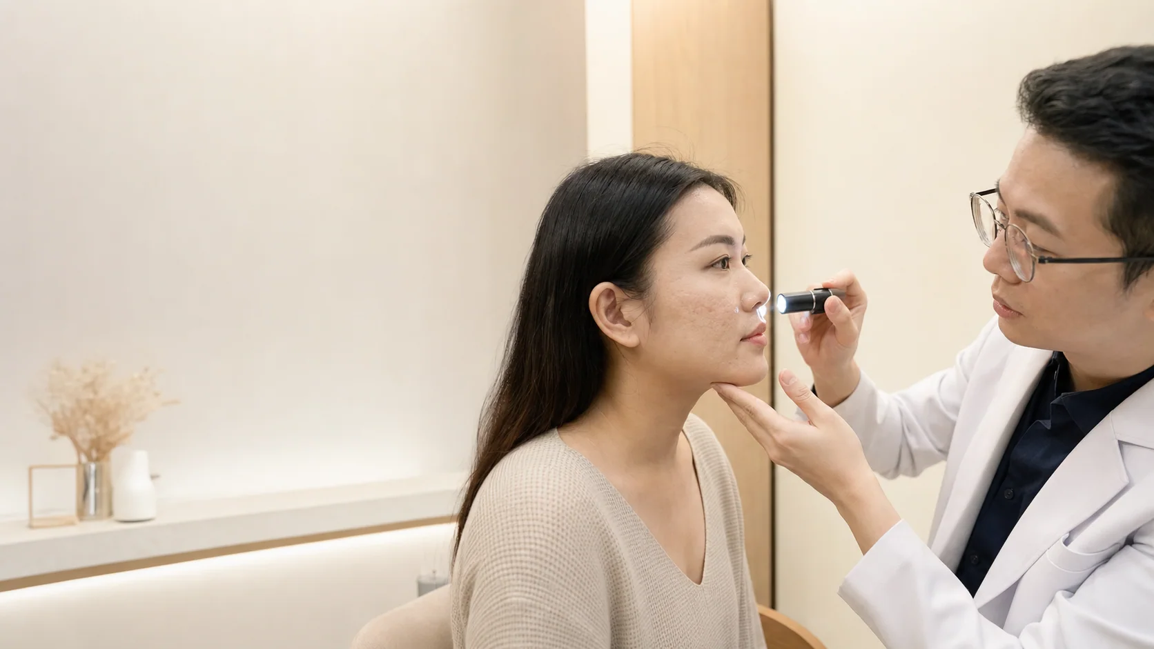 Doctor examining acne scar texture before acne scar treatment in Johor Bahru