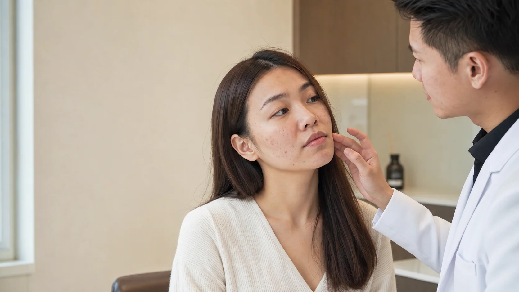 Doctor assessing acne during an acne treatment consultation in Johor Bahru