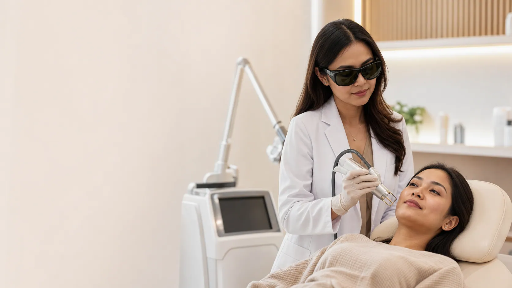 Doctor preparing fractional CO2 laser treatment for acne scars in Johor Bahru