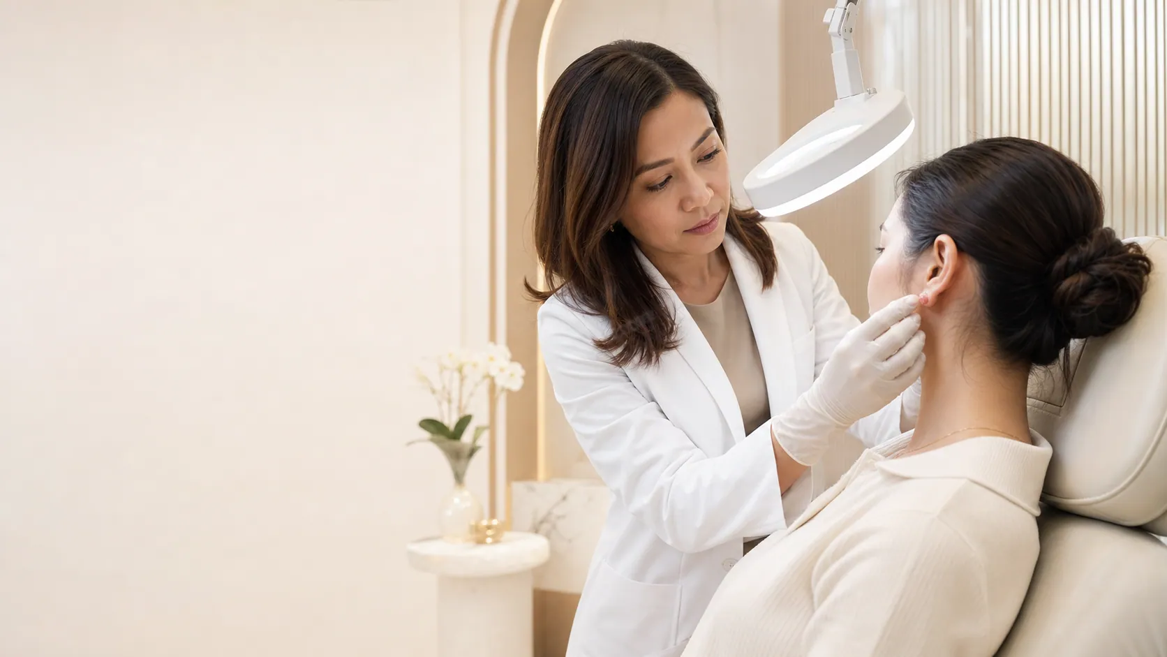 Doctor examining an ear keloid before treatment planning in Johor Bahru