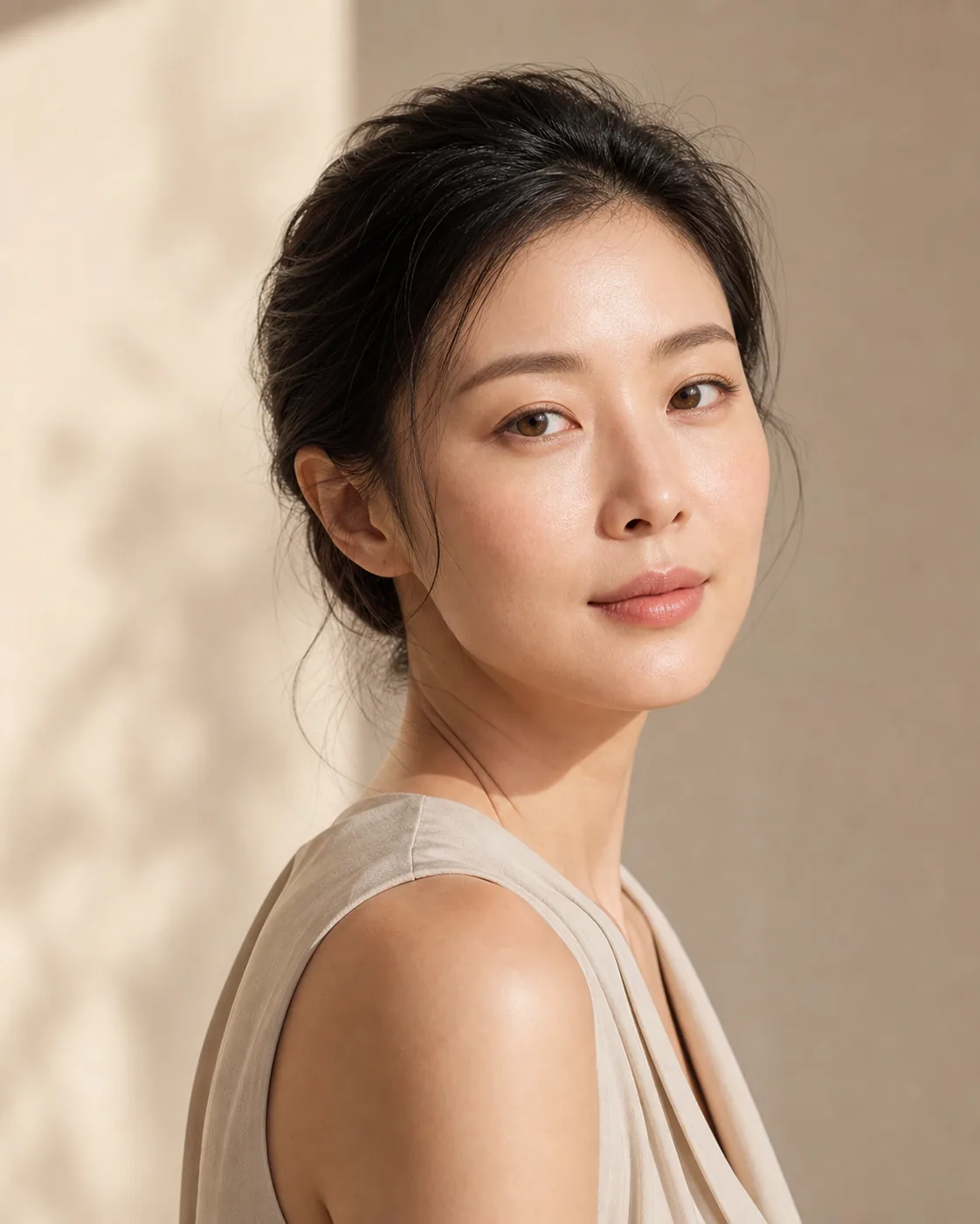 Editorial portrait of an Asian woman with natural skin texture
