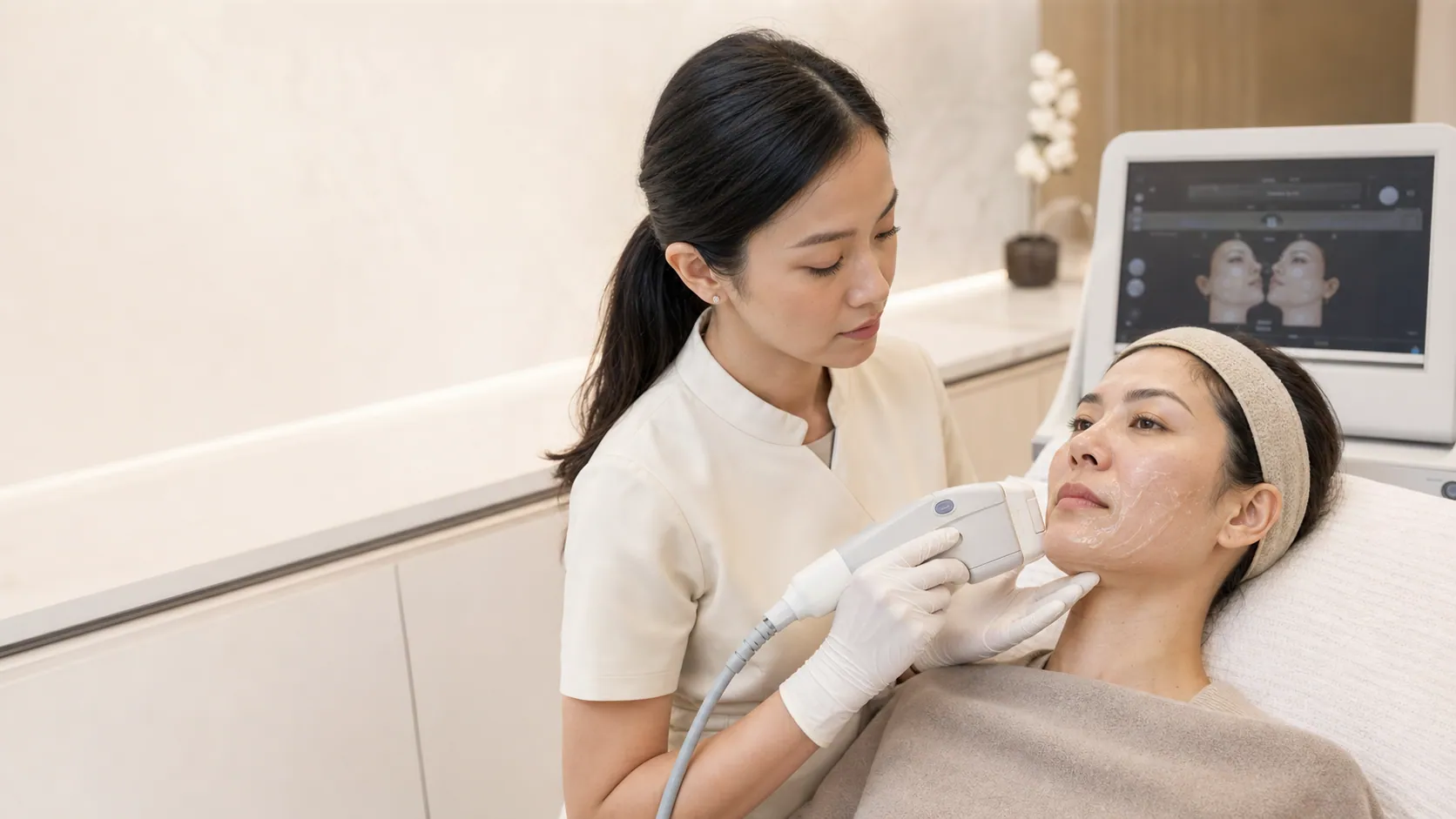 Doctor planning focused ultrasound skin tightening treatment in Johor Bahru
