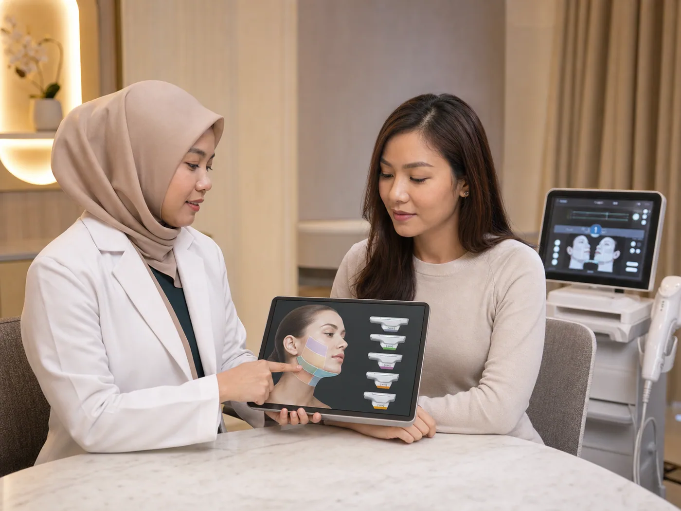 Mild skin laxity discussed during a doctor-led consultation
