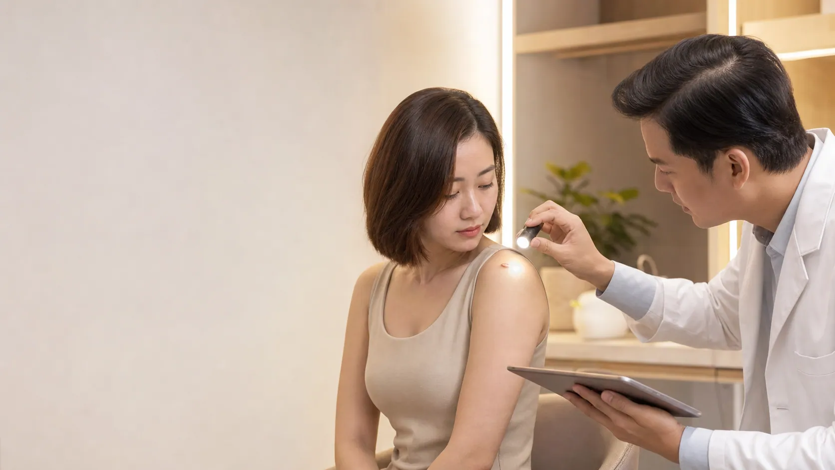 Doctor examining a raised keloid scar before treatment in Johor Bahru