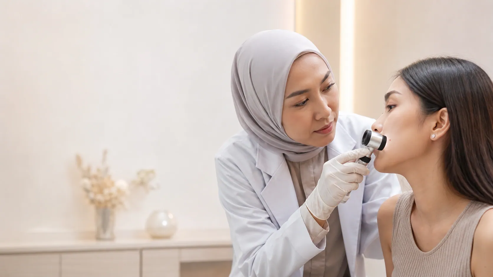 Doctor examining a facial mole before possible removal in Johor Bahru