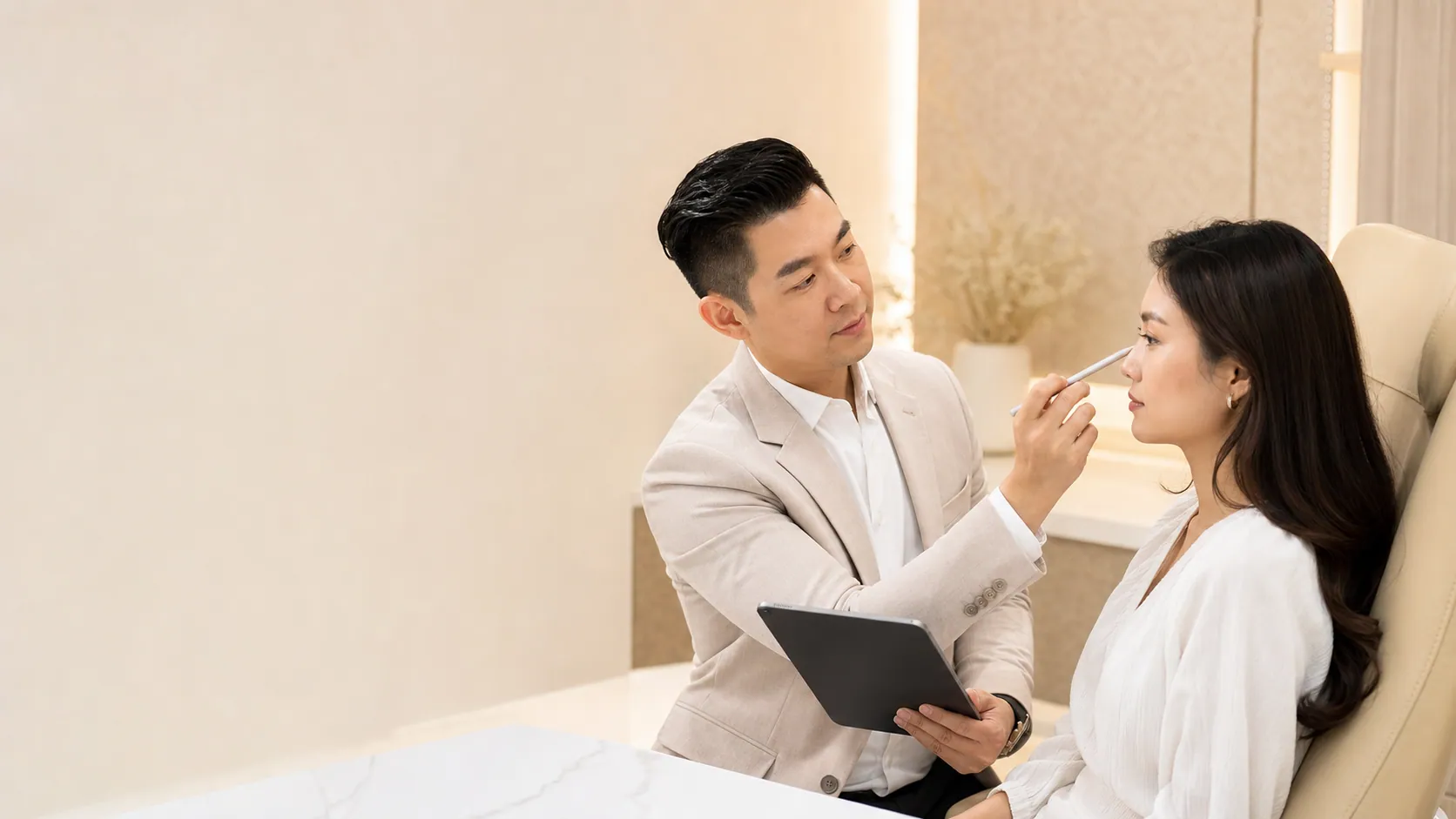 Doctor assessing nasal profile before a nose thread lift consultation in Johor Bahru