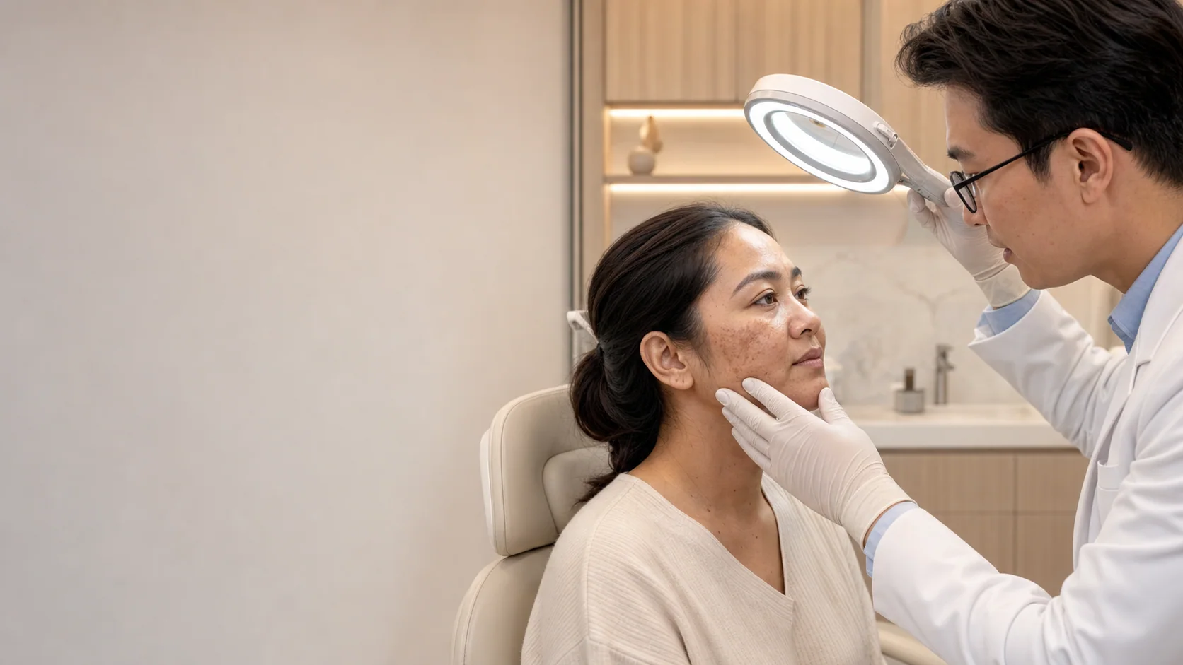 Doctor assessing facial pigmentation before pigmentation treatment in Johor Bahru