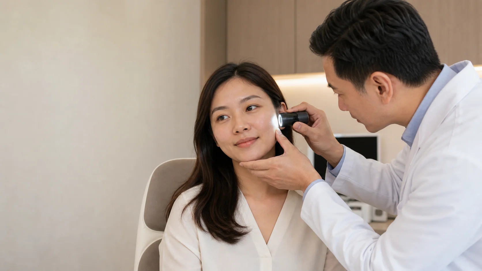 Doctor examining a patient's facial skin during a skin specialist consultation in Johor Bahru