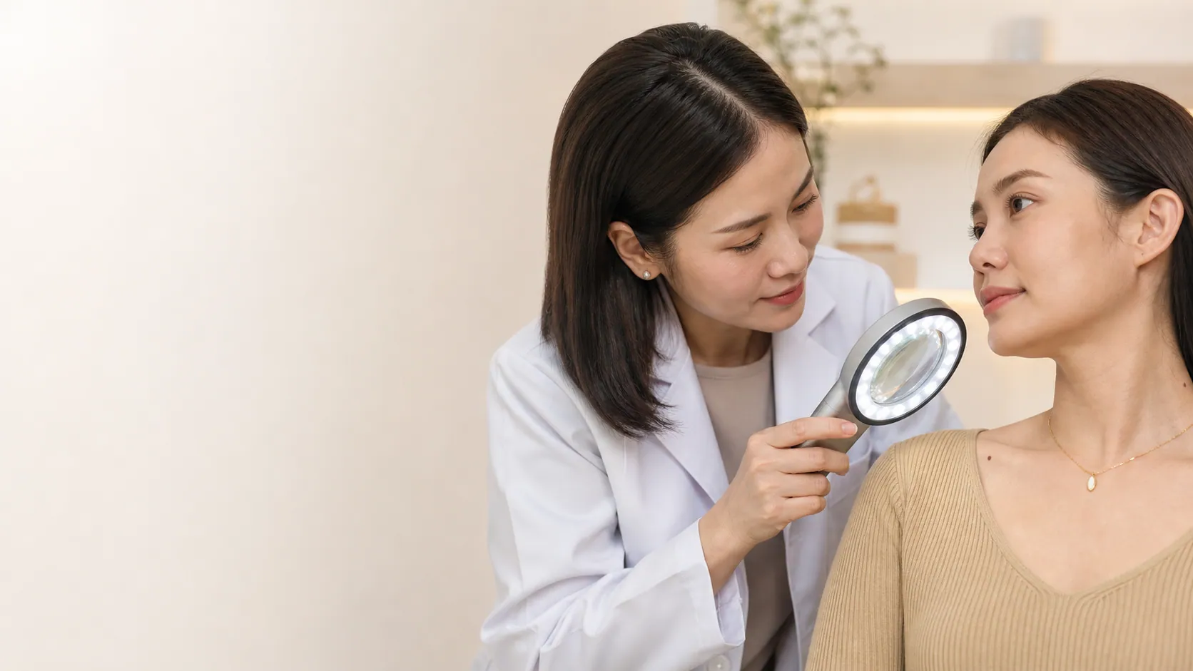 Doctor examining small skin tags before removal in Johor Bahru