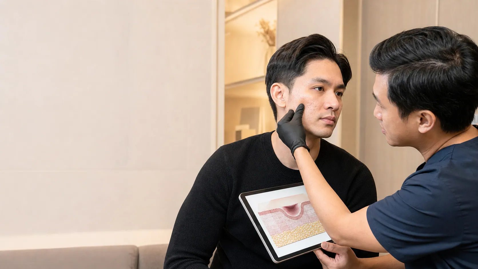Doctor assessing tethered rolling acne scars before subcision in Johor Bahru