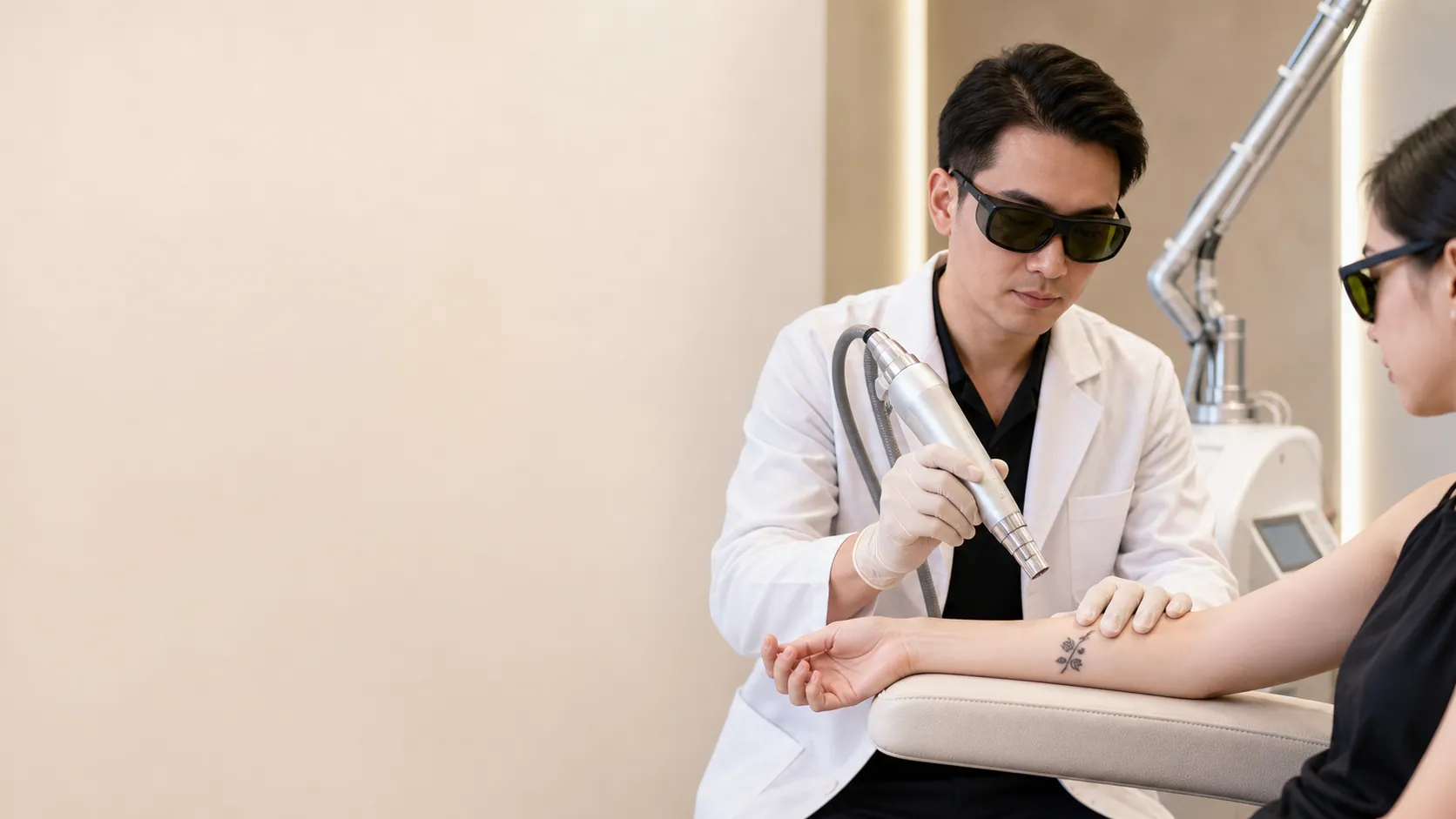 Doctor assessing tattoo ink before laser tattoo removal in Johor Bahru
